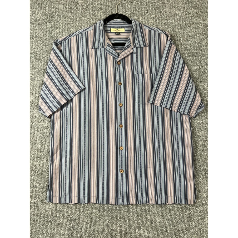 Tommy Bahama Camp Shirt Mens Medium Blue Grey 100% Silk Striped Embroidered